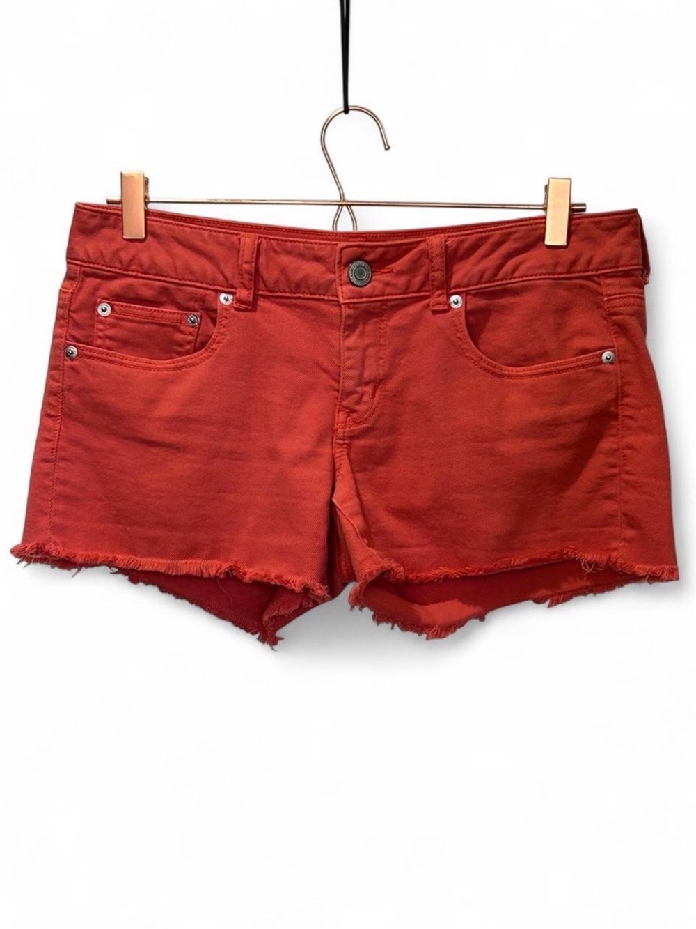 American Eagle Denim Cutoff Shorts Womens 8 Coral Red Y2K Frayed Stretch